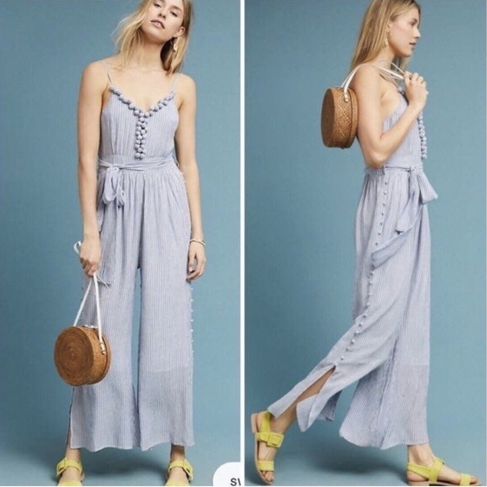 Anthro Maeve Maritime Striped Blue white Jumpsuit summer nautical size 4